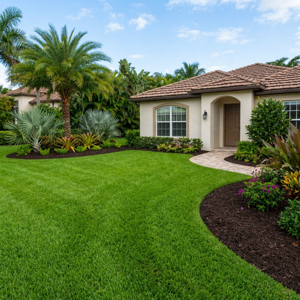 Pristine weed-free lawn and tropical landscaping in South Florida