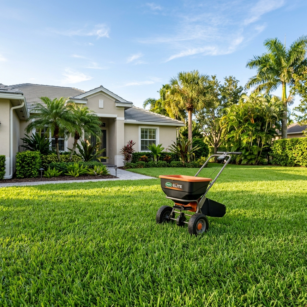 Broadcast fertilizer spreader on thick green St. Augustine lawn in South Florida with house on the left