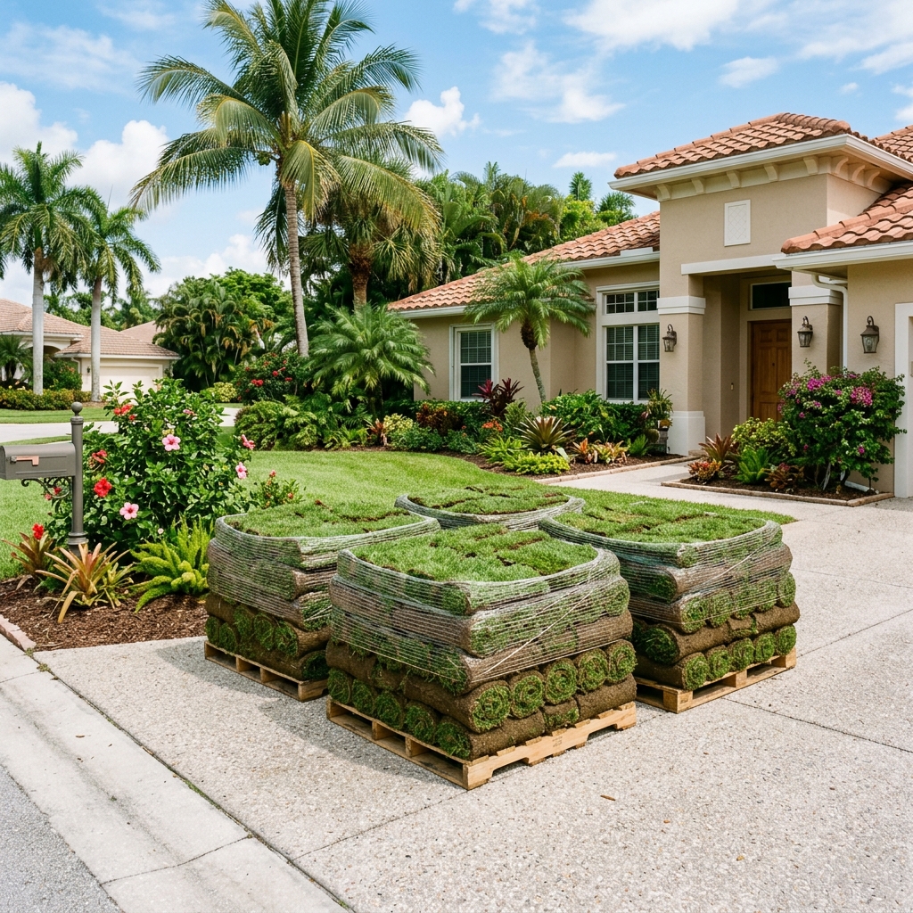 Pallets of fresh green St. Augustine sod sitting on a driveway ready for installation in South Florida